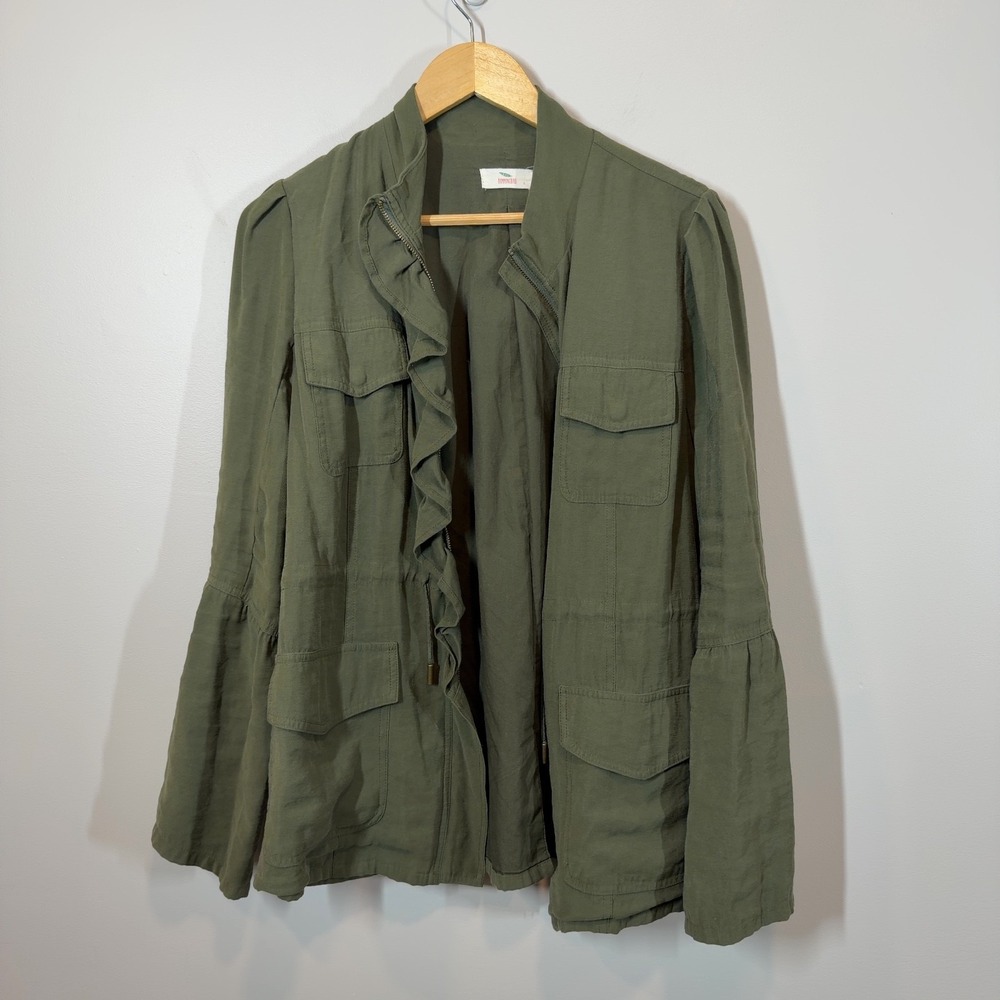 Hummingbird Olive Green Ruffle Utility Jacket Size Large Bell Sleeve Full Zip